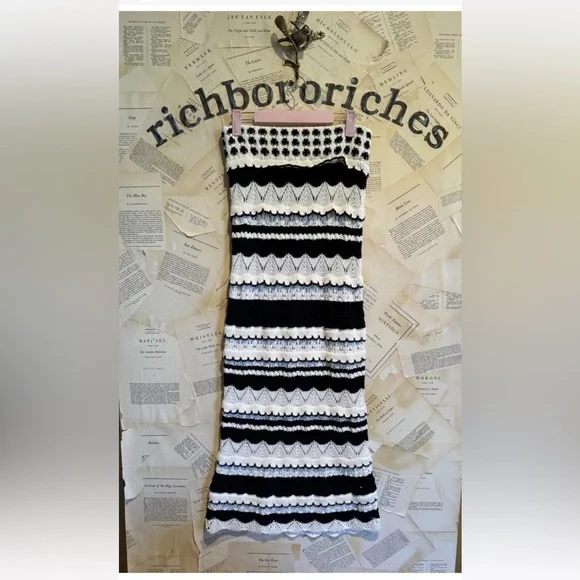 Anthropologie Textured Knit Midi Skirt Strapless Dress Crochet Ruffle BlackWhite